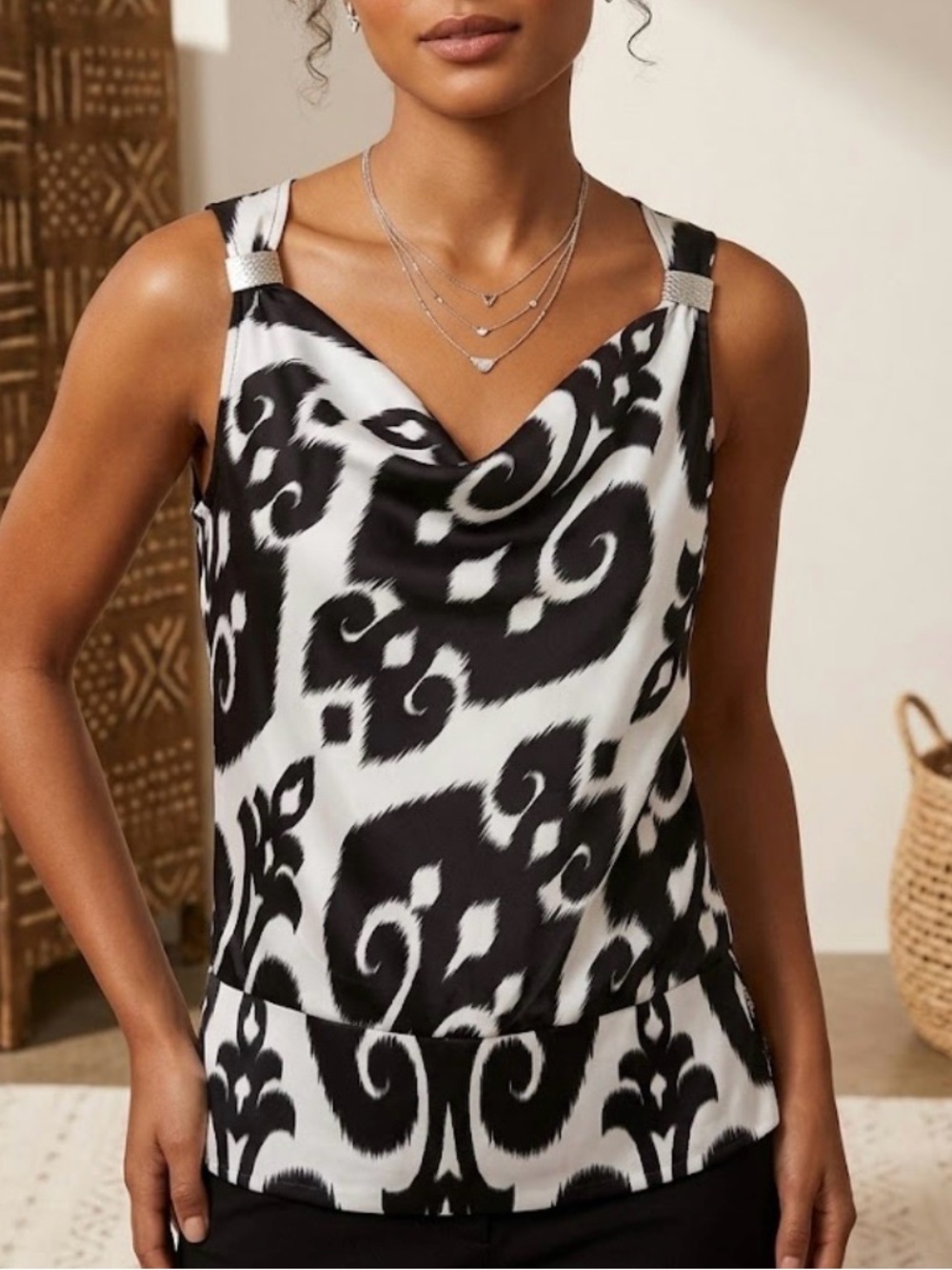 White House Black Market Black and White  Cowl Neck Top